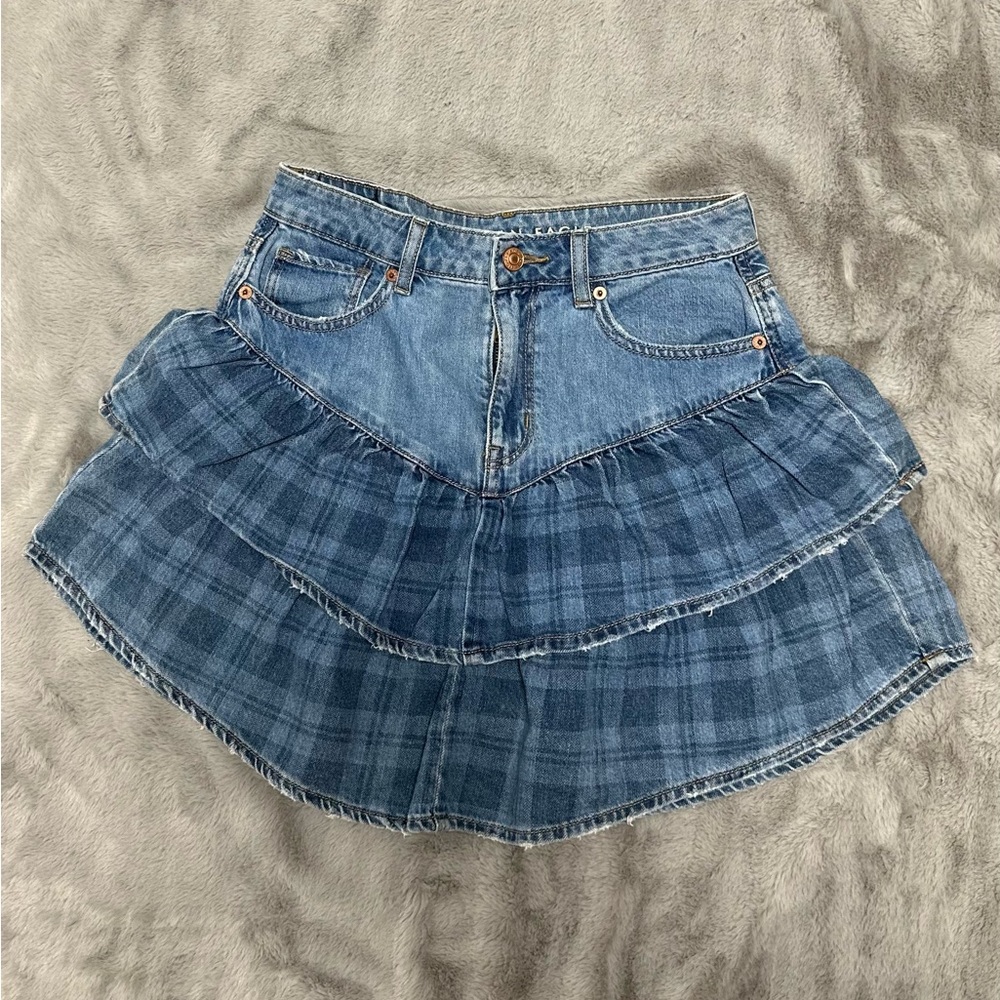 American Eagle Outfitters Blue Plaid Denim Skirt
